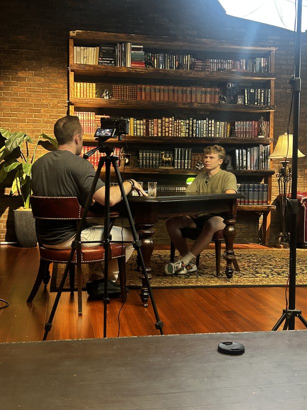 The library set, mid-recording
