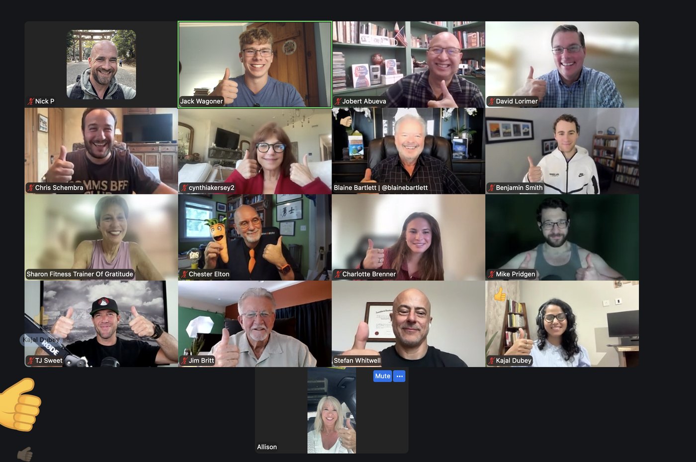 Sixteen participants in a Grateful Together session hosted by Jack Wagoner
